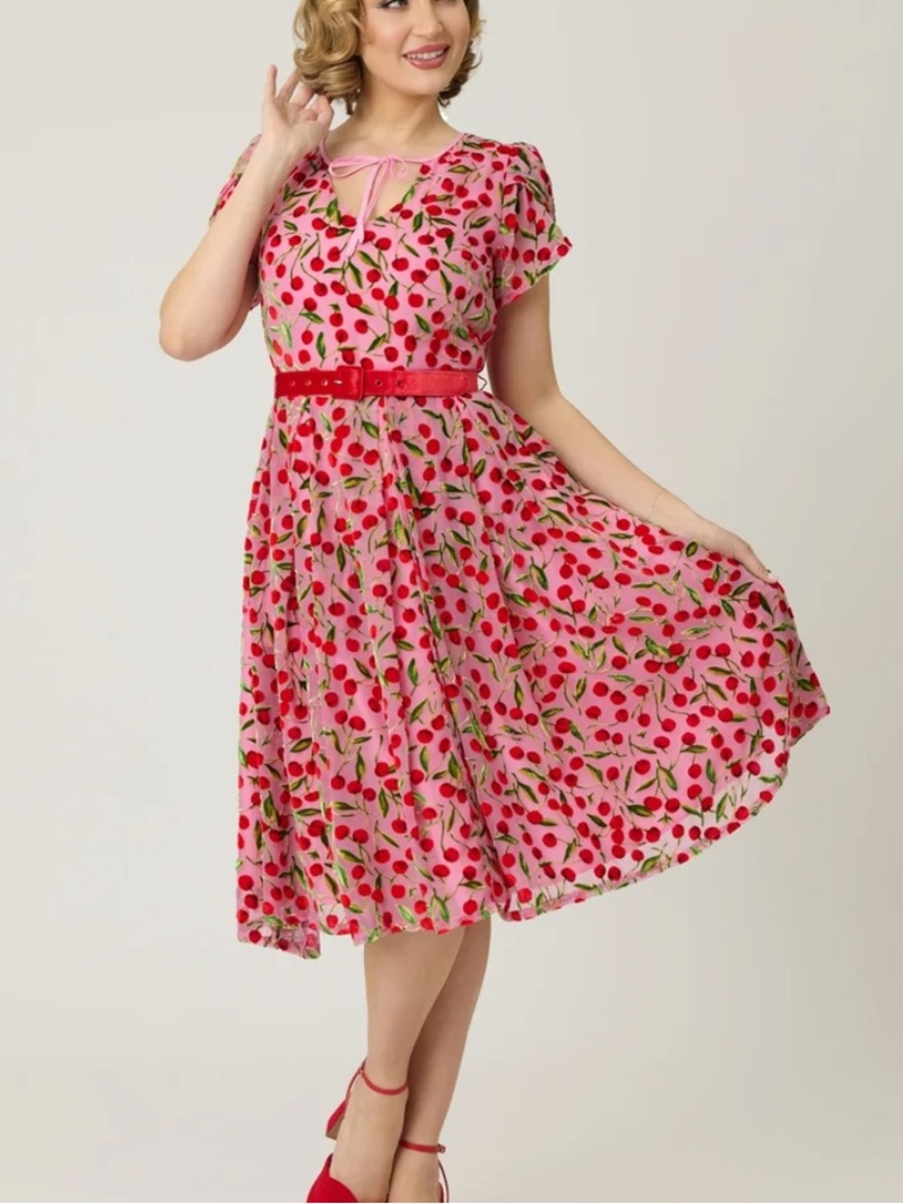 Unique Vintage Pink Cherry-Print Girls' Party Dress XL
